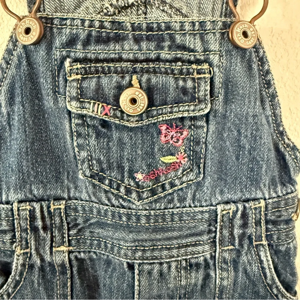 OshKosh Denim Jumper Dress Kids‎ 12M Blue Butterfly Embroidered Overall Skirt